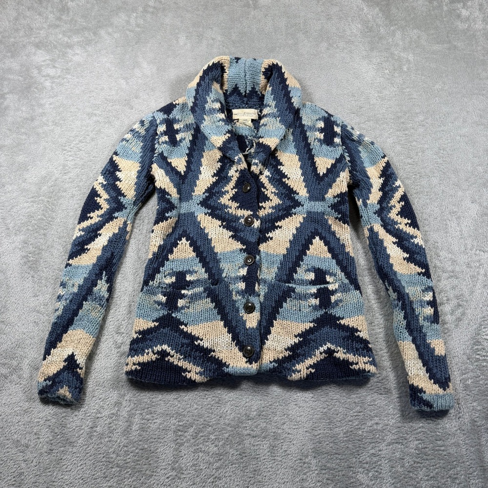 Denim & Supply Ralph Lauren Heavy Knit Cardigan Women XS Blue Aztec Shawl Collar